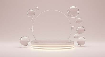 3d rendered stage with glowing ring and bubbles for product presentation or display