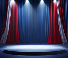 Close-up of an empty stage with red, white and blue curtains.