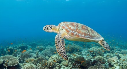 Fototapeta premium Majestic Sea Turtle Gracefully Swimming in Vibrant Coral Reef