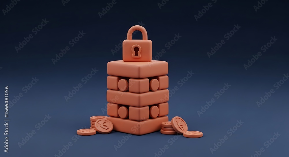Poster a 3d rendered stack of blocks topped with a padlock and coins.