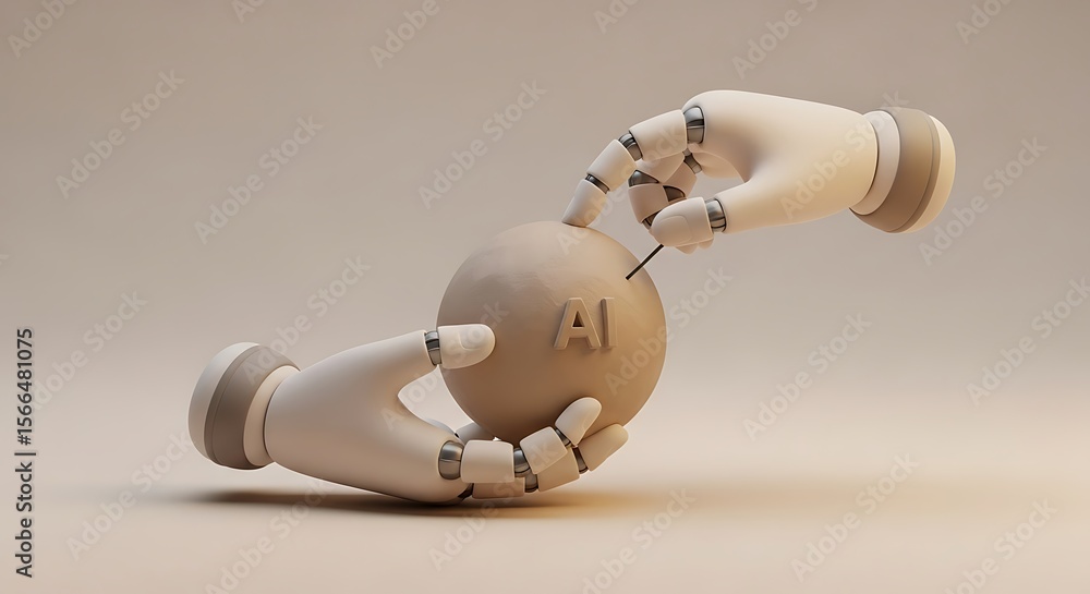 Poster two robotic hands gently interact with a sphere labeled 