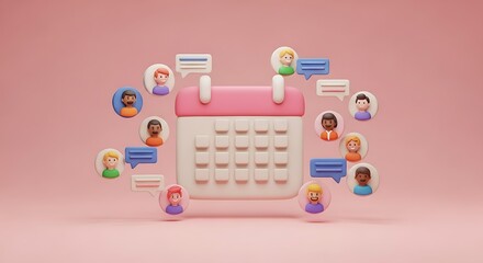 A 3D rendered calendar surrounded by diverse cartoon avatars and speech bubbles.