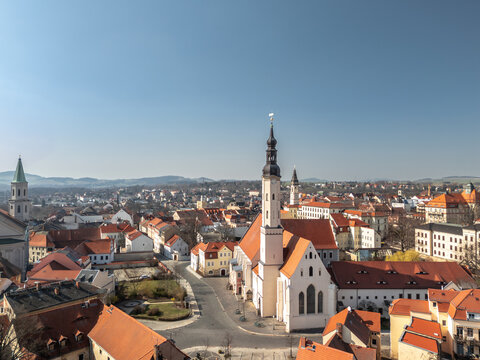 Skyline cityscape of Zittau, Saxony, Germany. Wide panoramic aerial morning view oof old town and of Klosterkirche St. Peter und Paul church