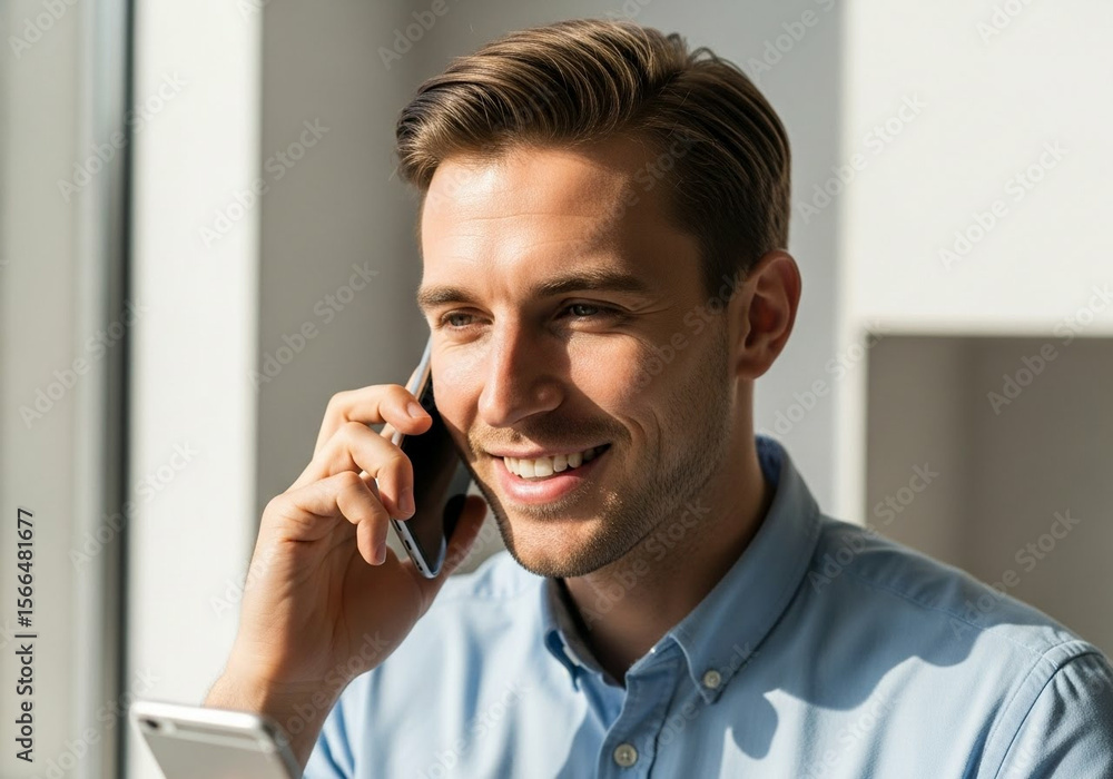 Poster man smiling while talking on smartphone in modern office setting during daytime