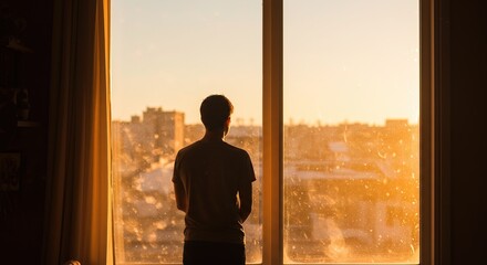 Person stands by bright window overlooking buildings, looking at a sunrise or sunset, contemplating future goals.