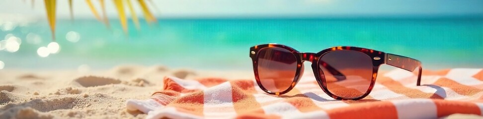 Stylish Sunglasses Resting on a Sun-Drenched Beach Towel, Summer Vacation Relaxation Scene