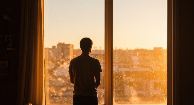 Person stands by bright window overlooking buildings, looking at a sunrise or sunset, contemplating future goals.