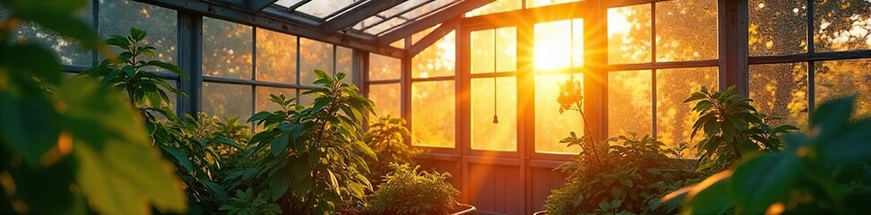 Sunlight Streams Warm Greenhouse Interior, Plants Thrive in Radiant Heat, Illustrating the Greenhouse Gas Effect