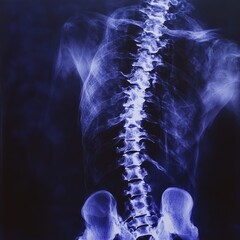 Close-up of an X-ray image showing back pain, on a dark blue background with a light purple glow around the spine area.
