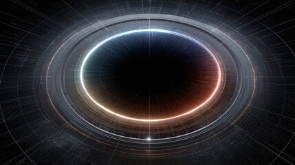 Futuristic glowing circular interface with digital grid and light effects, emitting stunning radiant aura in dark space, evoking advanced technology and innovation