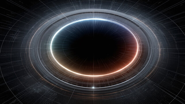 Futuristic glowing circular interface with digital grid and light effects, emitting stunning radiant aura in dark space, evoking advanced technology and innovation - Powered by Adobe