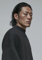 Fototapeta premium Confident young man with slicked-back black hair wearing a dark textured sweater and silver hoop earring, gazing intensely at camera against a neutral gray background. 