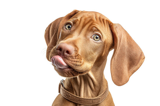PNG Adorable brown puppy licking nose with curious expression