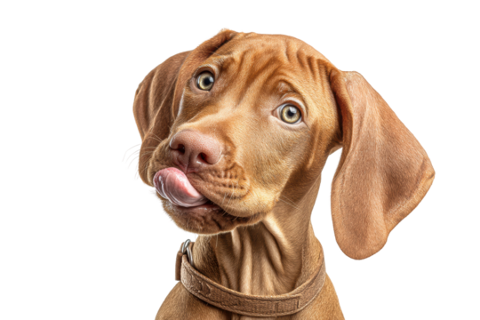 PNG Adorable brown puppy licking nose with curious expression