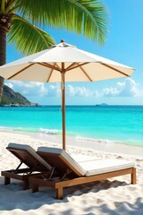 Relaxing beach scene with comfortable beds positioned under a large beach umbrella offering shade and comfort for a perfect seaside escape , waves, travel, sun