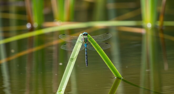 green grasshopper on a leaf with a blur green shadow lake