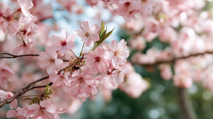 Obraz premium Cherry blossom branch with soft pink flowers blooming in springtime nature scene with sunlight and green blurred background