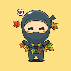 Cute ninja holding autumn leaf decoration in autumn day cartoon vector illustration