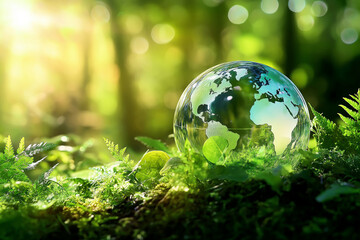 Glass globe in green forest with the icon environment of ESG, co2, circular company, and net zero. Technology Environment, Organization Sustainable development environmental
