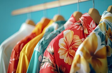Close-up of colorful Hawaiian shirts hanging on hangers, vibrant floral patterns in reds and yellows against bright blue backgrounds,
