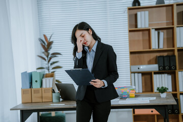 Young asian woman accountant employee Upset stressed guy suffering job problems working on laptop,...