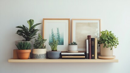 Shelf display with mini planters, prints, and books .