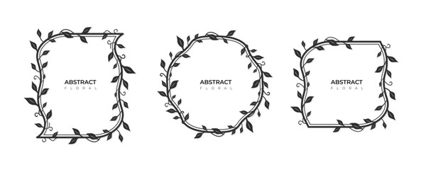 Abstract floral set of frames line art, antique decorative wedding frames, leaf and branch border, editable stroke vector illustration