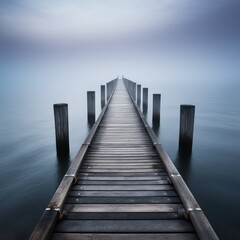 Naklejka premium Ein nebliger Küstenblick zeigt im Dämmerlicht einen langen, schmalen Steg, der ins ruhige Meer hinausführt
