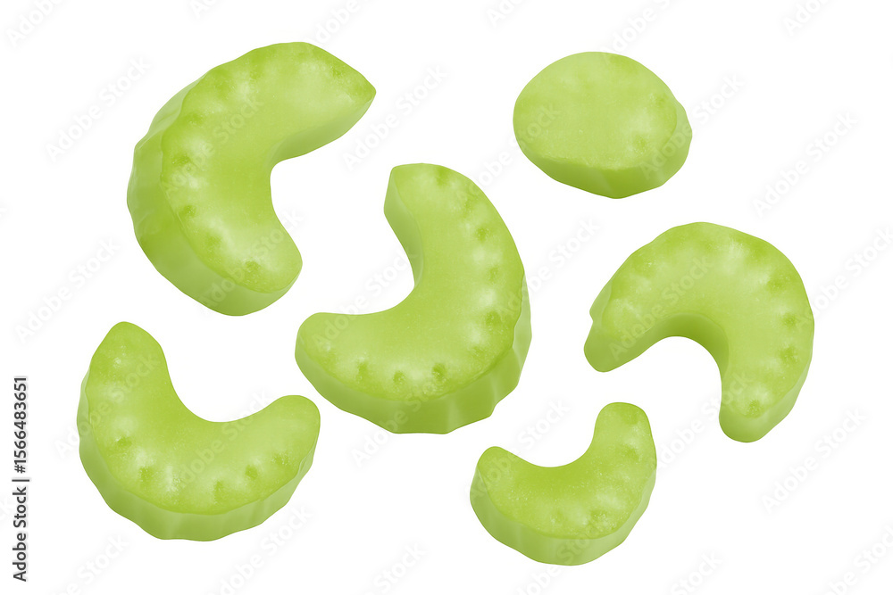 Poster fresh celery stalks cut into moon shapes are falling against a transparent background, ready for use