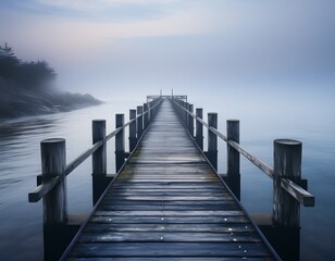 Obraz premium Ein nebliger Küstenblick zeigt im Dämmerlicht einen langen, schmalen Steg, der ins ruhige Meer hinausführt