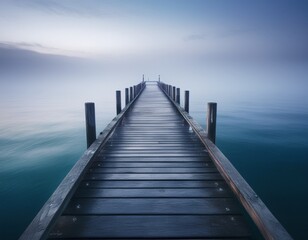 Obraz premium Ein nebliger Küstenblick zeigt im Dämmerlicht einen langen, schmalen Steg, der ins ruhige Meer hinausführt