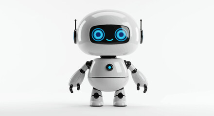 Fototapeta premium Cute and friendly white robot character standing on a white background with a smiling face and bright blue eyes representing artificial intelligence and technology