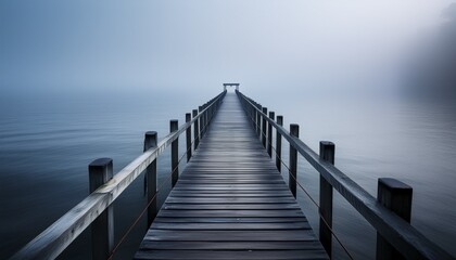 Obraz premium Ein nebliger Küstenblick zeigt im Dämmerlicht einen langen, schmalen Steg, der ins ruhige Meer hinausführt