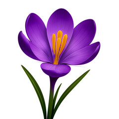 Naklejka premium Vibrant purple crocus flower with bright yellow stamens and green leaves isolated on transparent background