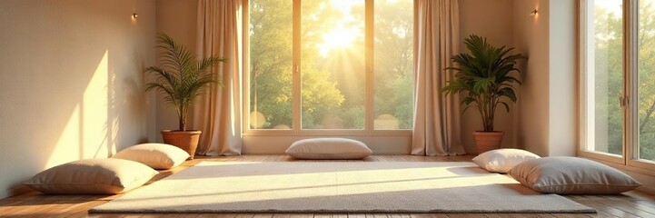 Serene meditation room bathed in soft natural light, featuring comfortable cushions and calming decor Ideal for mindfulness, yoga, and relaxation , wellness, comfort, restorative