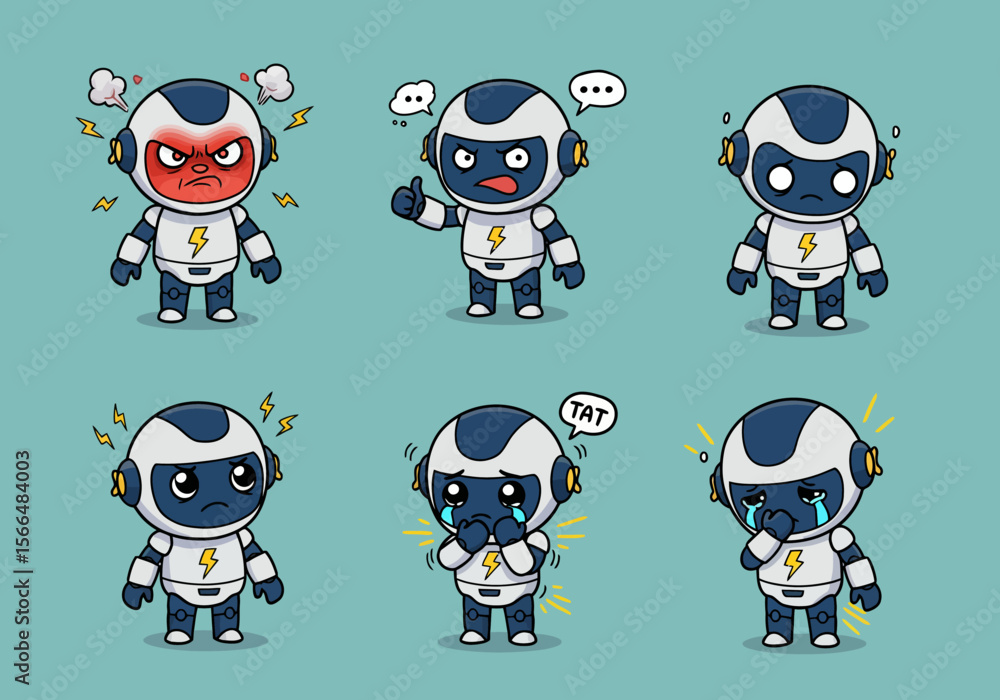 Aufkleber cute robot expressions featuring anger sadness joy and surprise showing diverse emotions in a whimsi