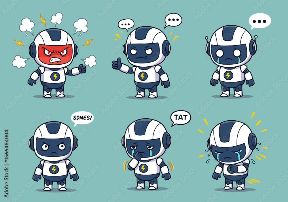 Poster collection of cute robot characters expressing various emotions and feelings through visual cues and