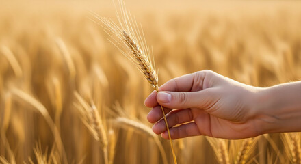 Hand Holding Wheat Stalk in Golden Field for World Population Day