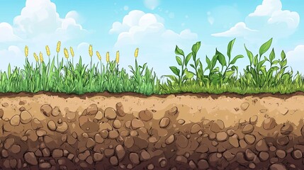 cartoonish comparison of clay soil and loamy soil, crop growth above .