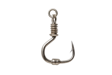 PNG Close-up of metallic fishing hook on black background