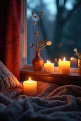 Warm Candlelight Illuminates Cozy Living Room with Stunning View, Perfect for Relaxation and Hygge