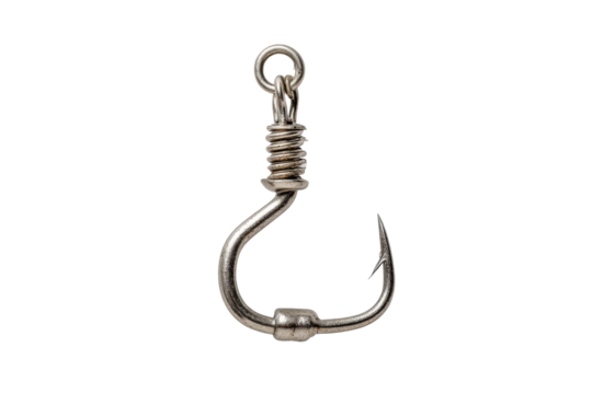 PNG Close-up of metallic fishing hook on black background