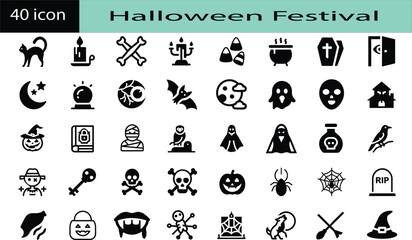 Halloween Icon Set with Ghosts, Pumpkins, Bats, and Magic Symbols, Spooky Halloween Icons with Witch and Ghosts, Halloween Party Icons: Pumpkins, Skulls, Bats, Creepy Halloween Symbol Pack for Season