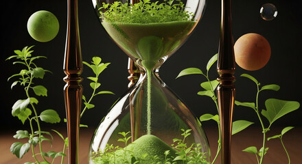 World Population Day Concept: Hourglass with Growing Plants, Time and Growth