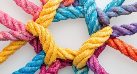 Close-up of colorful ropes knotted together in the shape of an octagon on a white background,