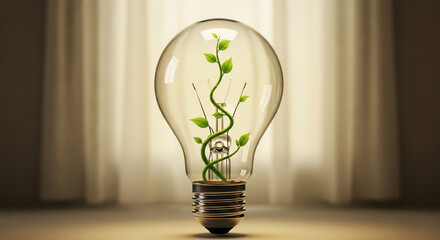 Sustainable Energy Concept for World Population Day: Light Bulb with Plant Inside, Symbolizing Growth and Environmental Awareness