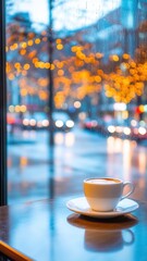 Golden light bathing ceramic coffee mug cityscape window, autumn glow blurring behind soft evening beside