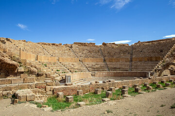 Theatre in Roman ruins of Timgad, Algeria. Ruins of the ancient forum