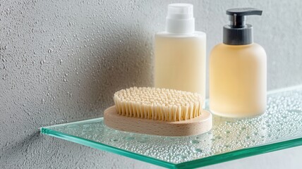White dispenser bottle, setting, brush and monstera leaf displayed on a glass shelf in a bathroom wooden with water drops on a gray wall