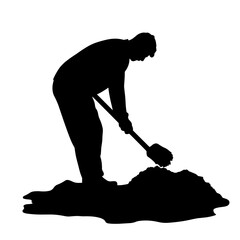 Man digging with shovel in silhouette on white background  